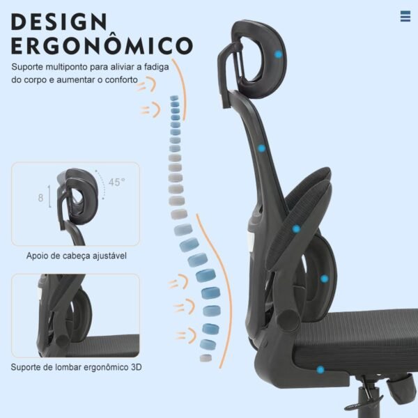 Cadeira de escritório, design ergonômico com suporte lombar independente, malha respirável e encosto de cabeça ajustável (Preto) - Imagem 4