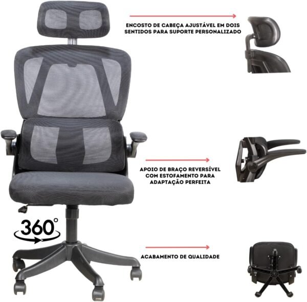 Cadeira De Escritório Ergonômica Giratória com Apoio de Braços 150kg 3D Plus (Preta) - Imagem 3