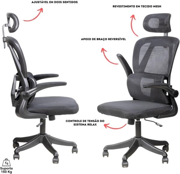 Cadeira De Escritório Ergonômica Giratória com Apoio de Braços 150kg 3D Plus (Preta) - Imagem 4