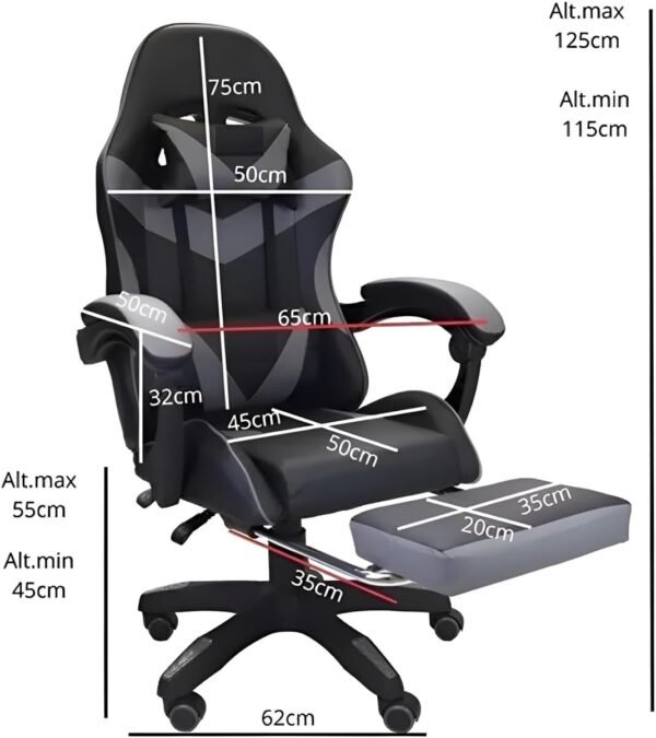 Cadeira Escritório Gamer Reclinável Ergonômica Profissional (Preto) - Imagem 3