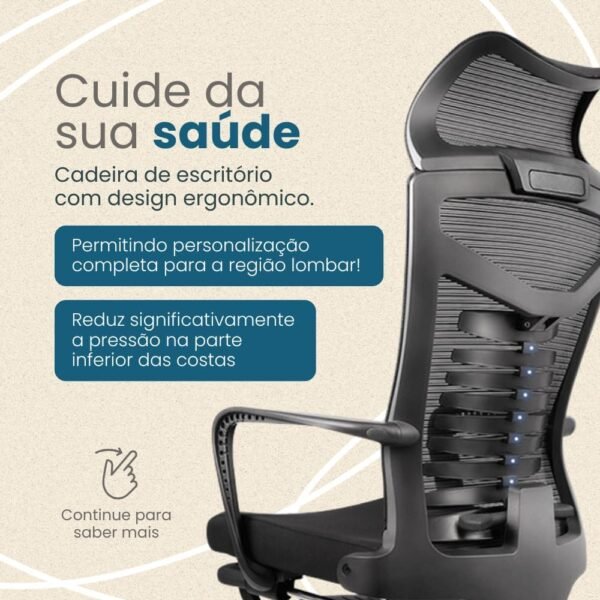 Cadeira de Escritório Ergonômica, Encosto Alto em Tela, Apoio para Braços, Ajustável, Preta - Imagem 3