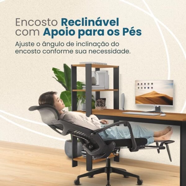 Cadeira de Escritório Ergonômica, Encosto Alto em Tela, Apoio para Braços, Ajustável, Preta - Imagem 4