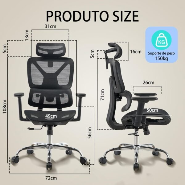 Cadeira Ergonômica para Escritório com Apoio Lombar Ajustável e Tecido Respirável Suporta 150kg - Imagem 3