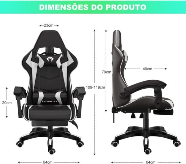 Cadeira Ergonomica Gamer Com Apoio Para Os Pés Branco - Imagem 2