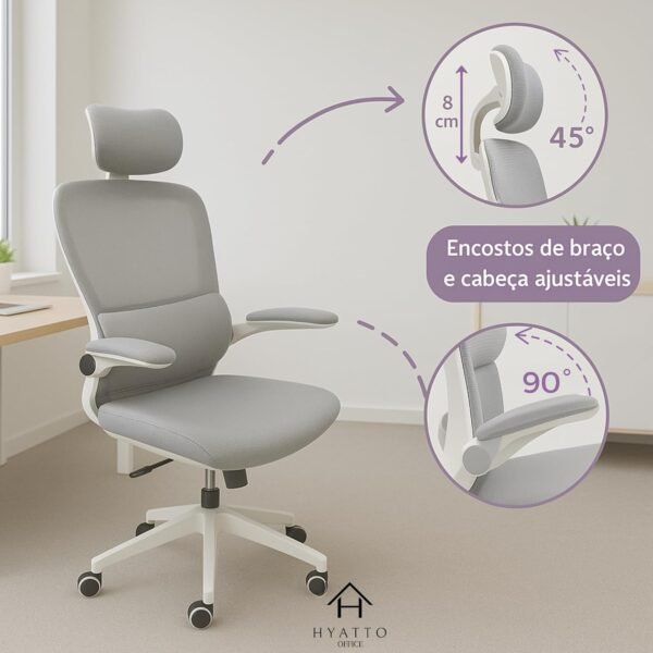 Cadeira de Escritório Ergonômica Branca Giratória, Malha Respirável, Suporte Lombar Regulavél, Estofado Mesh, Mecanismo de Elevação a Gás. Inclinação. Rodinhas silenciosas. | HYATTO OFFICE | - Imagem 4