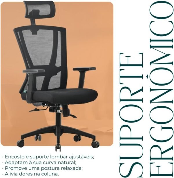 Cadeira Ergonômica ErgoMesh, Giratória, para Escritório e Home Office, com Encosto Reclinável com trava, Apoio de Cabeça, Apoio Lombar, Preto - Imagem 3