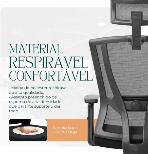 Cadeira Ergonômica ErgoMesh, Giratória, para Escritório e Home Office, com Encosto Reclinável com trava, Apoio de Cabeça, Apoio Lombar, Preto - Imagem 4