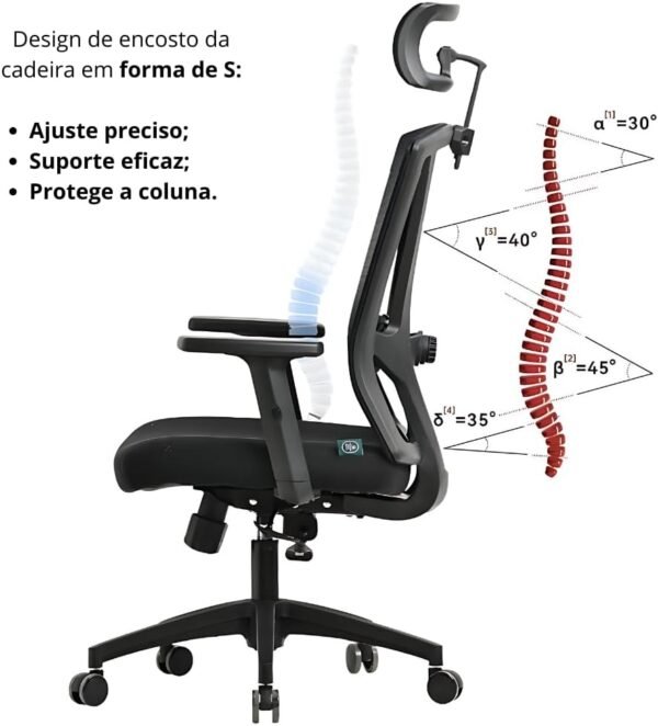 Cadeira Ergonômica ErgoMesh, Giratória, para Escritório e Home Office, com Encosto Reclinável com trava, Apoio de Cabeça, Apoio Lombar, Preto - Imagem 4