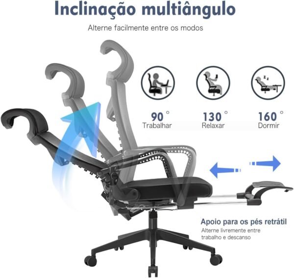 Cadeira de escritório ergonômica Python Fly, suporte lombar ajustável, apoio de pés retrátil - Imagem 4