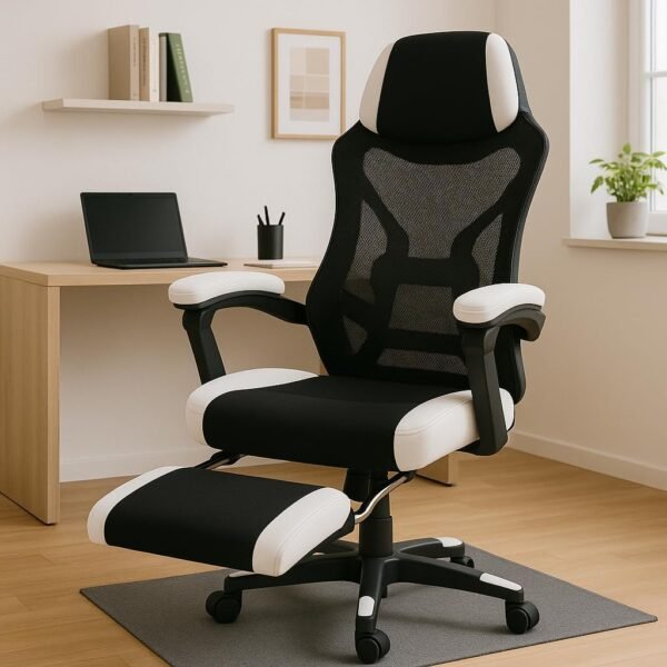 Cadeira Gamer Escritorio Ergonômica com Apoio para Pés Encosto em Mesh Preto e Branco Ajustável - Imagem 3