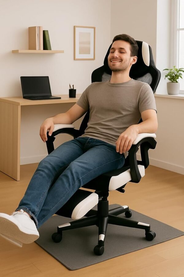 Cadeira Gamer Escritorio Ergonômica com Apoio para Pés Encosto em Mesh Preto e Branco Ajustável - Imagem 4