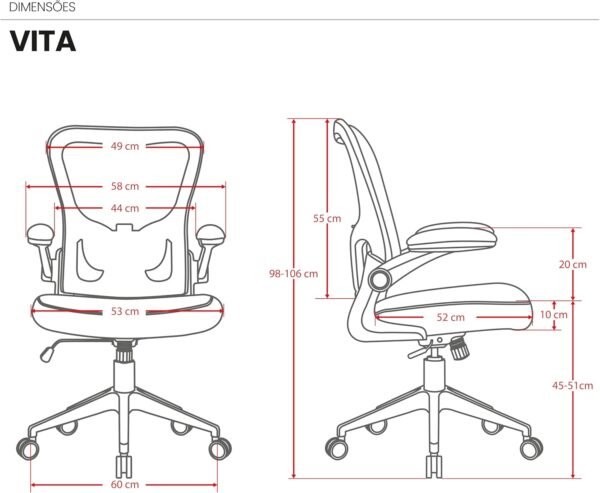 Cadeira Escritorio Ergonomica e Confortável DT3 Vita com revestimento Mesh Spandex™+Tecido Softex™, braço retrátil até 90º, suporta até 120kg e altura máx. de 1,75m(Grey) - Imagem 3