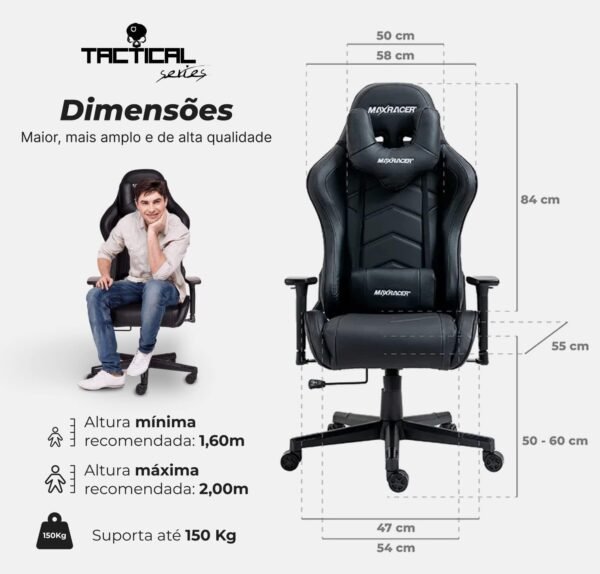 MAX RACER - Cadeira Gamer Tactical - Poltronas Gamer, Cadeira Ergonômica para Jogos - Até150kg, Braços 3D, Giratória, Tecido Sintético P.U, Inclinação 180°, Almofada Cervical e Lombar - Preta - Imagem 3