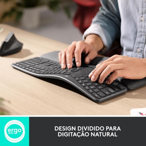 Teclado sem fio Logitech ERGO K860 com Layout de Teclado Dividido, Suporte para Descanso de Pulso, Tecido Resistente a Manchas, Conexão Bluetooth e USB - Compatível com Windows e Mac. - Imagem 3