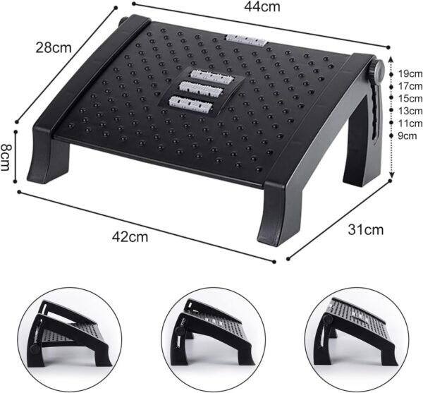 Banquinho Apoio Para Os Pés Embaixo Da Mesa Com Altura Ajustável Em 6 Posições Ergonômico Com Rodas De Massagem Suporte De Carga 8kg Banquinho De Vaso Sanitário Preto - Imagem 3