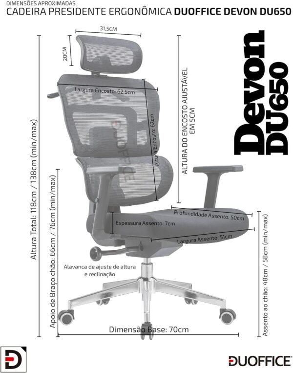 Cadeira de Escritório Ergonômica Duoffice Devon DU650, Encosto Alto Reclinável Ajustável em Tela, Apoio de Cabeça Ajustável, Base Cromada com Rodízios - Imagem 3