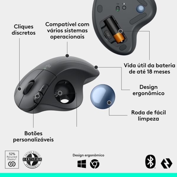 Mouse sem fio Logitech Trackball ERGO M575S com Cliques Silenciosos, Controle Fácil do Polegar, Rastreamento Preciso e Suave, Conexão Bluetooth e USB Logi Bolt - Compatível com PC/Mac - Imagem 6
