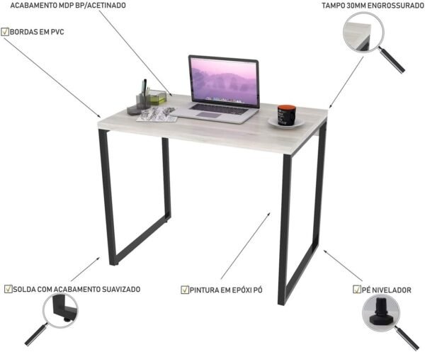 Mesa para Escritório Office Estilo Industrial 0,90m Kuadra Snow/Est.Preta, Compace - Imagem 5