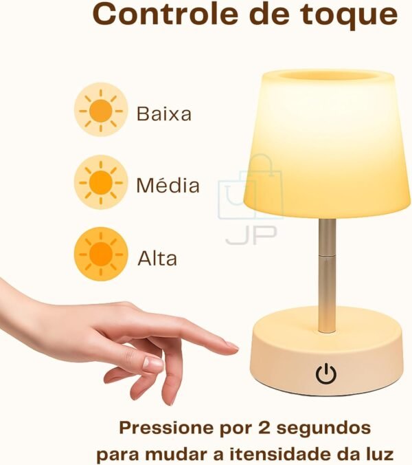 Abajur de Mesa LED Recarregável Touch 3 Níveis de Luz Luminária Portátil sem Fio Dimerizável com Base Antiderrapante Ideal para Quarto, Escritório, Estudo – JP Varejo Online® - Imagem 3