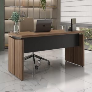 Mesa Retangular para Escritório Elegante e Moderna - Funcional e Ergonômica - Nogal com Preto Artany