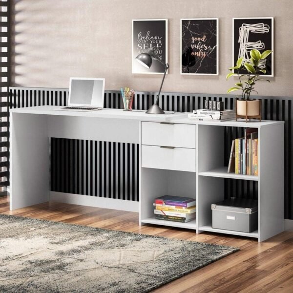 Mesa de Escritório 2 Gavetas 3 Nichos Office NT 2060 Notável Móveis Branco New - Imagem 3