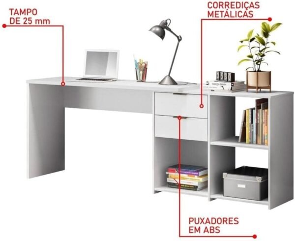 Mesa de Escritório 2 Gavetas 3 Nichos Office NT 2060 Notável Móveis Branco New - Imagem 6