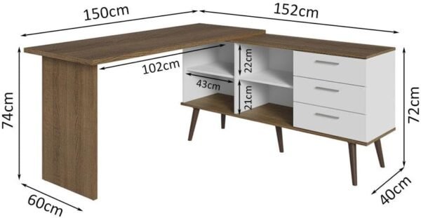 Escrivaninha Mesa de Escritório de Canto 3 Gavetas Lisboa Madesa - Imagem 2