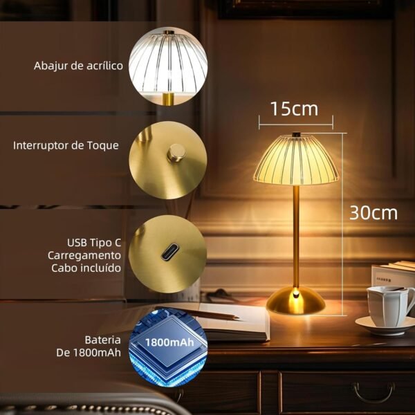 BEMMY Luminária de Mesa, Luminária Abajur Mesa Led Dimerizável Sem Fio Recarregável, Candeeiro de mesa recarregável USB, Toque Candeeiro de Mesa Luz Noturna 1800mAh - Imagem 3