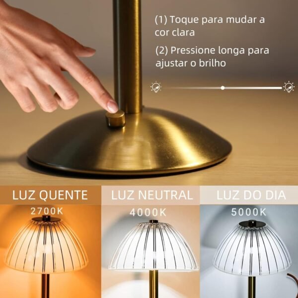 BEMMY Luminária de Mesa, Luminária Abajur Mesa Led Dimerizável Sem Fio Recarregável, Candeeiro de mesa recarregável USB, Toque Candeeiro de Mesa Luz Noturna 1800mAh - Imagem 4