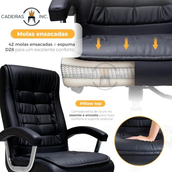 Cadeira Ergonômica para Escritório Escrivaninha Presidente Big Com 42 Molas Ensacadas, Pillow Top no Assento e Encosto, Cadeiras Inc Executiva Preta - Imagem 3