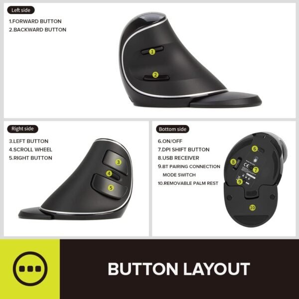 DeLUX Mouse Ergonômico sem Fio com 4000 DPI, Mouse Vertical Recarregável 2.4G com Receptor USB e Bluetooth, 6 Botões, Apoio para as Mãos Removível para Túnel do Carpo (M618PD-Preto) - Imagem 3
