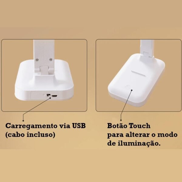 Luminária de Mesa Recarregável Led Touch Led 3 Níveis de Iluminação Ajustável Ideal para Trabalho, Leitura e Estudo – Loja Roccamare. - Imagem 4