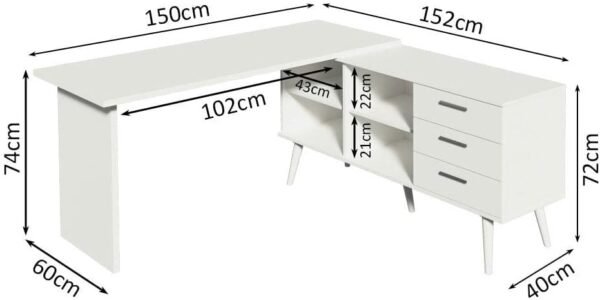 Escrivaninha Mesa de Escritório de Canto 3 Gavetas Branca Lisboa Madesa - Imagem 3