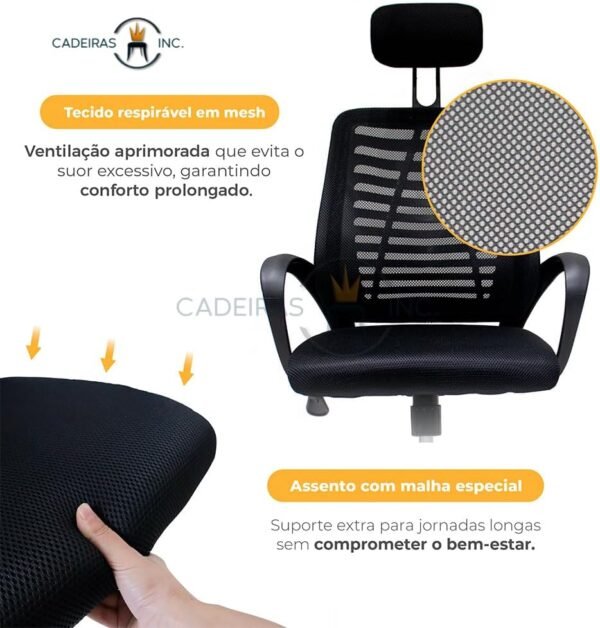 Cadeira De Escritório Presidente Simples Ergonômica Tela Mesh Simples Com Apoio e Sistema Relax Ribs Preta - Imagem 3