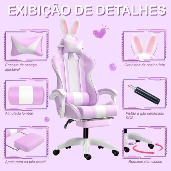 Cadeira gamer fofa com orelhas de coelho, com apoio de pés e apoio de cabeça (Roxo) - Imagem 3