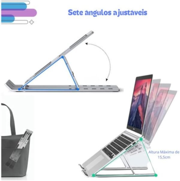 Suporte Premium Para Notebook e Macbook de Alumínio Dobrável E Ergônomico Ajustável Em Vários Ângulos - Imagem 3