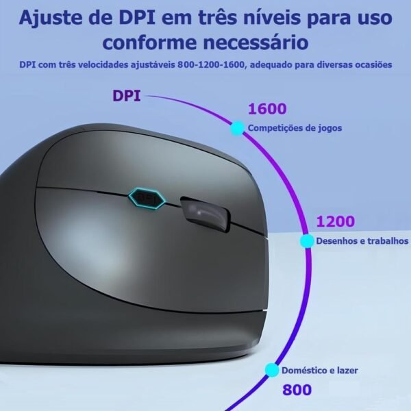 Mouse Ergonômico Vertical sem Fio, Bluetooth 5.2 e 2.4G Modo Duplo, DPI Ajustável 800-1600, Preto - Imagem 3