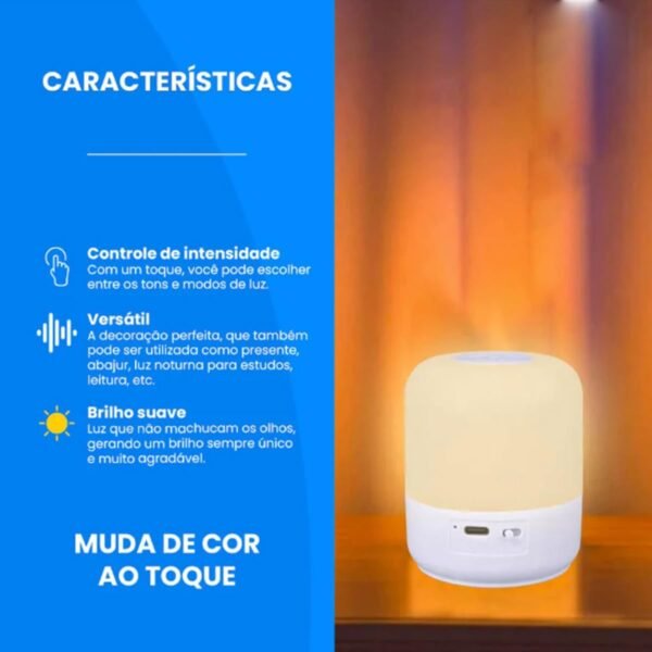 Luminária de Mesa Abajur de Cabeçeira com 3 Modos de Iluminação 360° LED Botão Touch Sem Fio Recarregável Para Criado Mudo, Estudos, Trabalho, Quarto, Escritório, Sala, Decoração e Leitura - Imagem 3