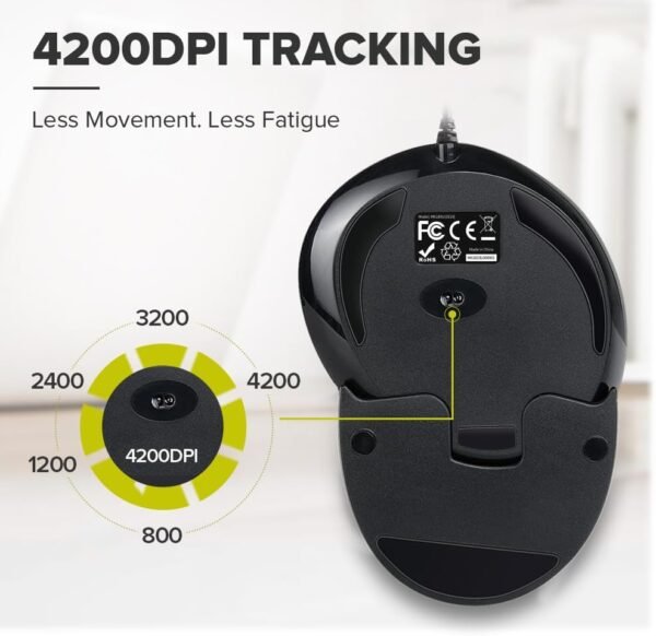 DeLUX Mouse Ergonômico Vertical com Fio, 6 Btões Programáveis, 4200DPI, Clique Silencioso, Descanso Removível para as Mãos, Reduz a Dor no Pulso e o Túnel do carpo (M618XU-Preto) - Imagem 3