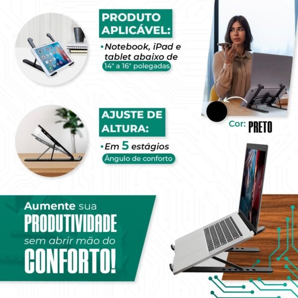Suporte Notebook Ajustável Base Tablet Netbook Ergonômico Dobrável Regulável Leve Apoio Universal (Cinza/Preto) - Imagem 3