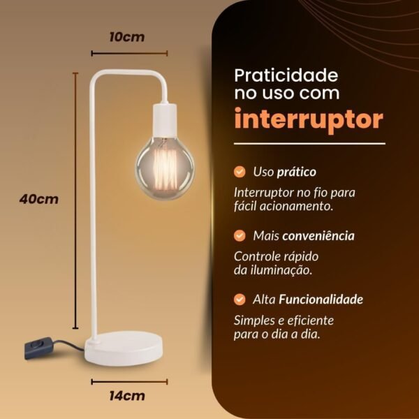 Abajur Sala Quarto Luminária De Mesa Industrial Retro (Bivolt) (Preto) - Imagem 4