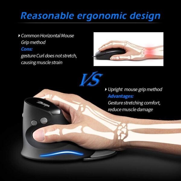 zelotes Mouse vertical sem fio, design ergonômico 2021, mouse óptico USB LED com 6 botões e 3 sensibilidades ajustáveis 1000/1600/2400 DPI para computador, preto - Imagem 3