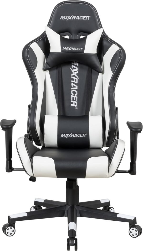 MAX RACER - Cadeira Gamer Skilled - Poltronas Gamer de Aço, Cadeira Ergonômica para Jogos - Até 150kg, Braços 1D, Tecido Sintético PVC, Inclinação 180°, Almofada Cervical e Lombar - Branca/Preta