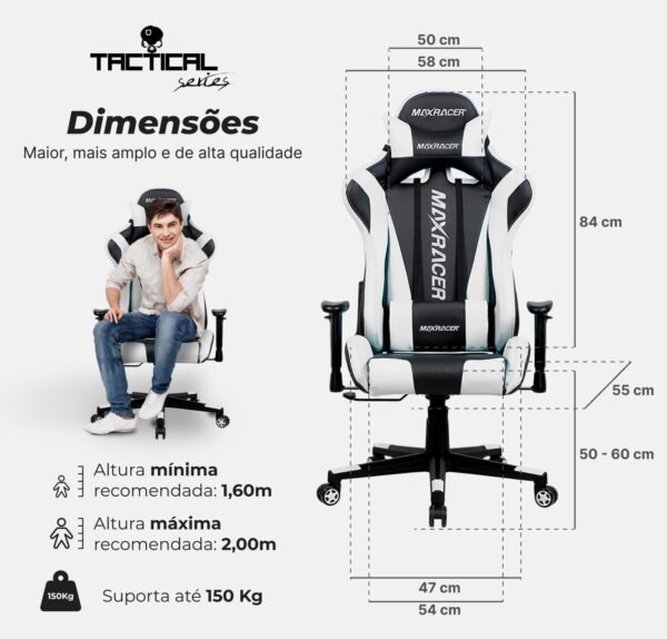 MAX RACER - Cadeira Gamer Skilled - Poltronas Gamer de Aço, Cadeira Ergonômica para Jogos - Até 150kg, Braços 1D, Tecido Sintético PVC, Inclinação 180°, Almofada Cervical e Lombar - Branca/Preta - Imagem 3