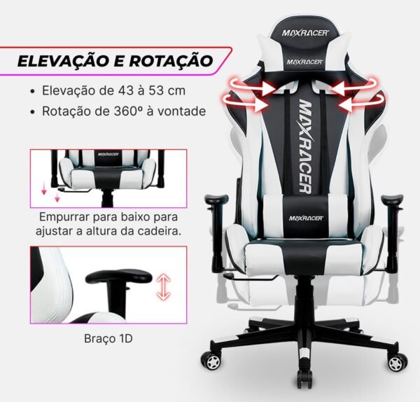 MAX RACER - Cadeira Gamer Skilled - Poltronas Gamer de Aço, Cadeira Ergonômica para Jogos - Até 150kg, Braços 1D, Tecido Sintético PVC, Inclinação 180°, Almofada Cervical e Lombar - Branca/Preta - Imagem 5