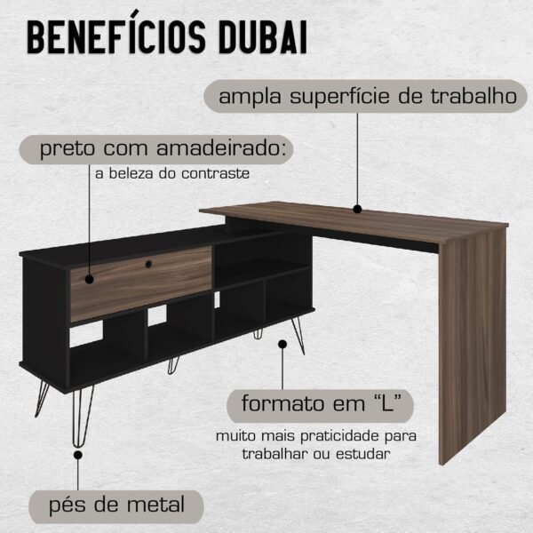 Escrivaninha em L Estilo Industrial Dubai, Pés de Metal, Preto com Ipê, Artany - Imagem 3