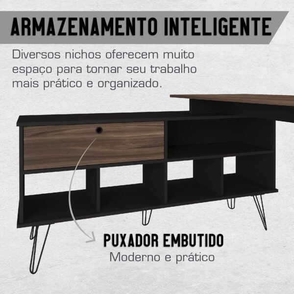 Escrivaninha em L Estilo Industrial Dubai, Pés de Metal, Preto com Ipê, Artany - Imagem 6