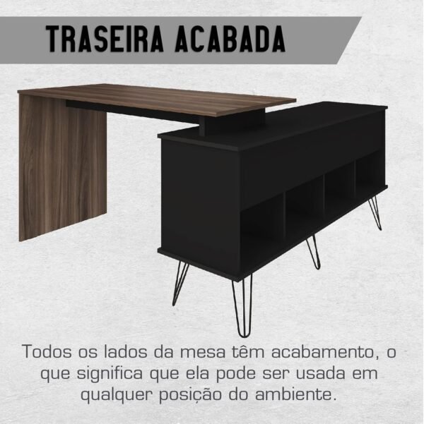 Escrivaninha em L Estilo Industrial Dubai, Pés de Metal, Preto com Ipê, Artany - Imagem 7