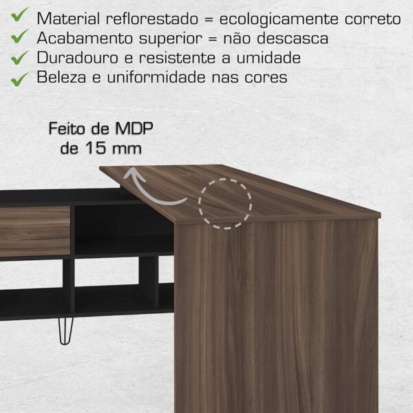 Escrivaninha em L Estilo Industrial Dubai, Pés de Metal, Preto com Ipê, Artany - Imagem 8