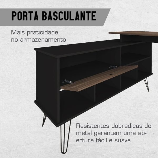 Escrivaninha em L Estilo Industrial Dubai, Pés de Metal, Preto com Ipê, Artany - Imagem 9